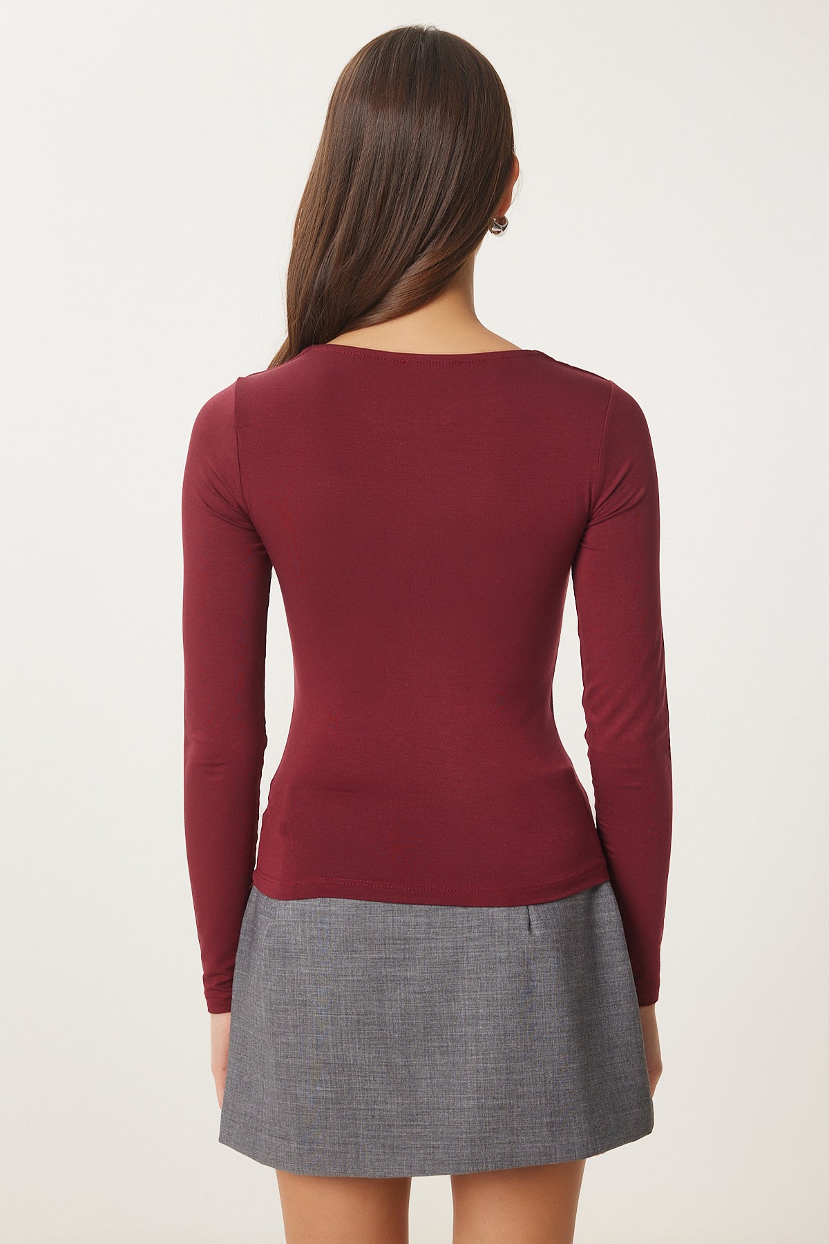 Bordo Kare Yaka Viskon Örme Bluz RX00040