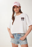 Beyaz Ayıcık Armalı Crop Örme T-Shirt ZV00298