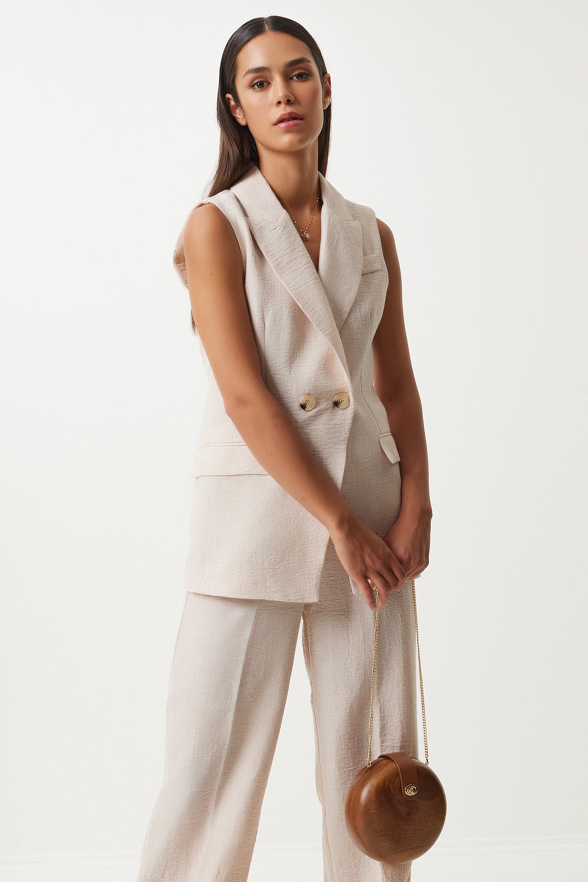 Krem Şal Yaka Oversize Yelek Pantolon Takım  FN03230