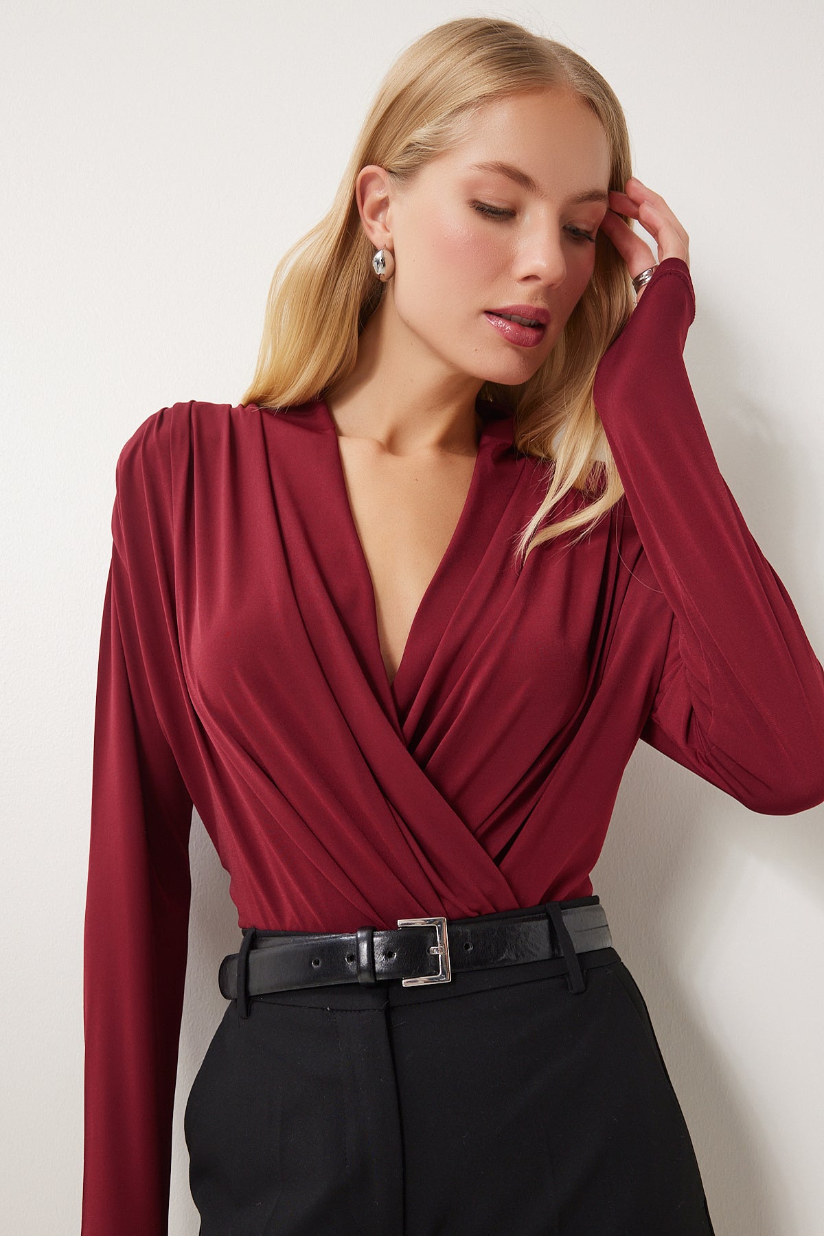 Bordo Anvelop Yaka Vatkalı Çıtçıtlı Sandy Bluz ZH00039