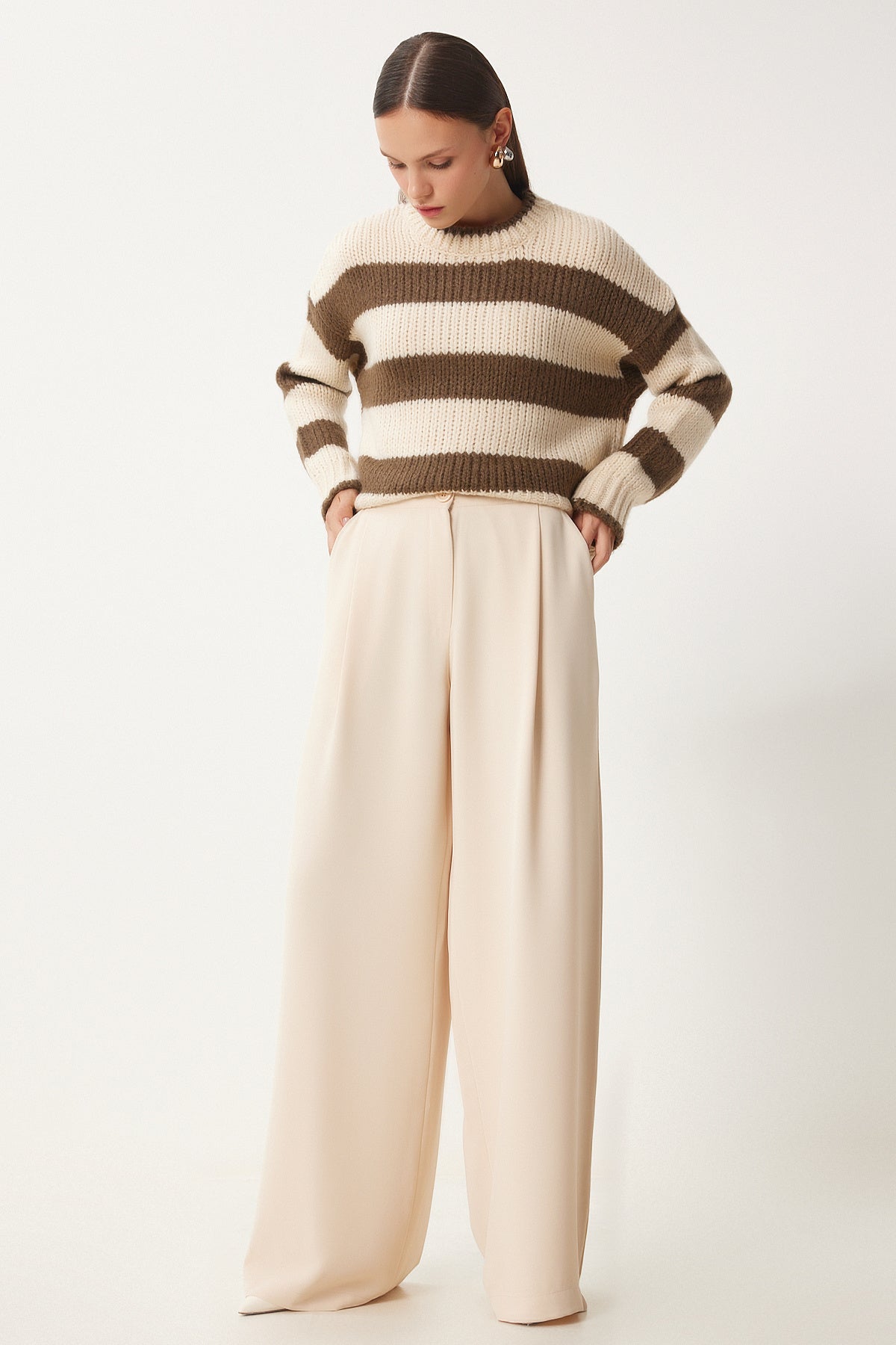 Krem Cepli Dokuma Palazzo Pantolon UL00052
