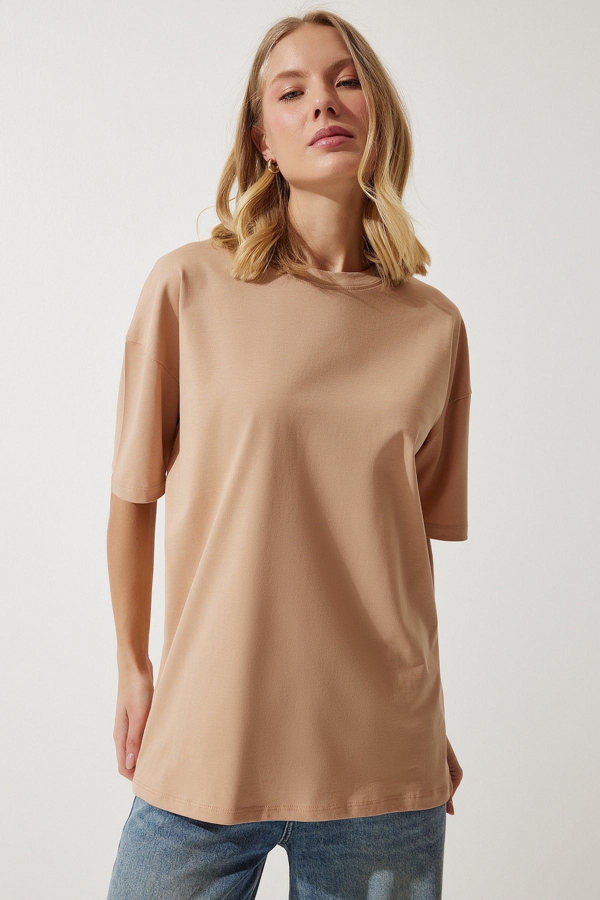 Koyu Bej Bisiklet Yaka Basic Oversize Örme T-Shirt BF00091