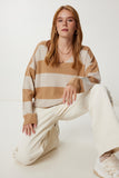 Camel Taş Çizgili Oversize Triko Kazak Kİ00164
