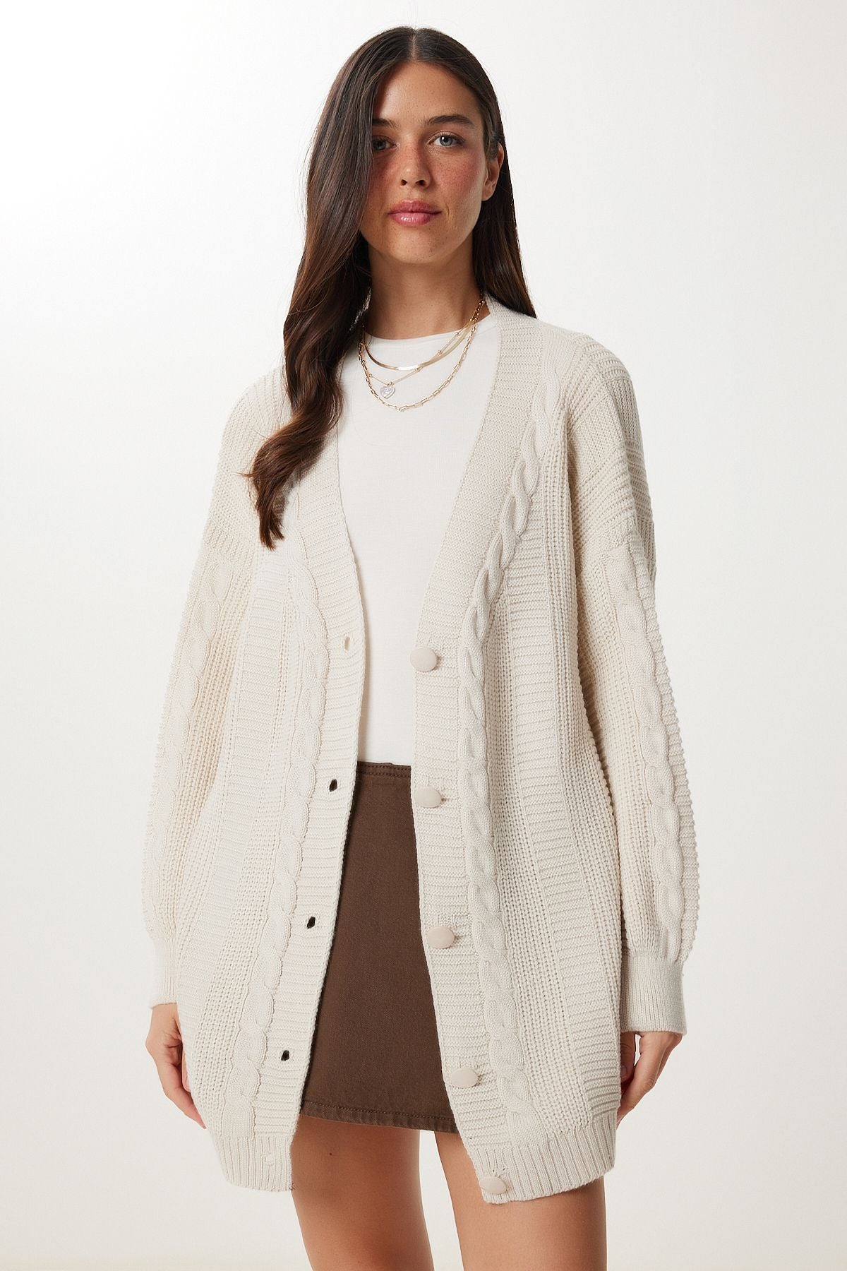 Krem Balon Kollu Oversize Triko Hırka DD01033