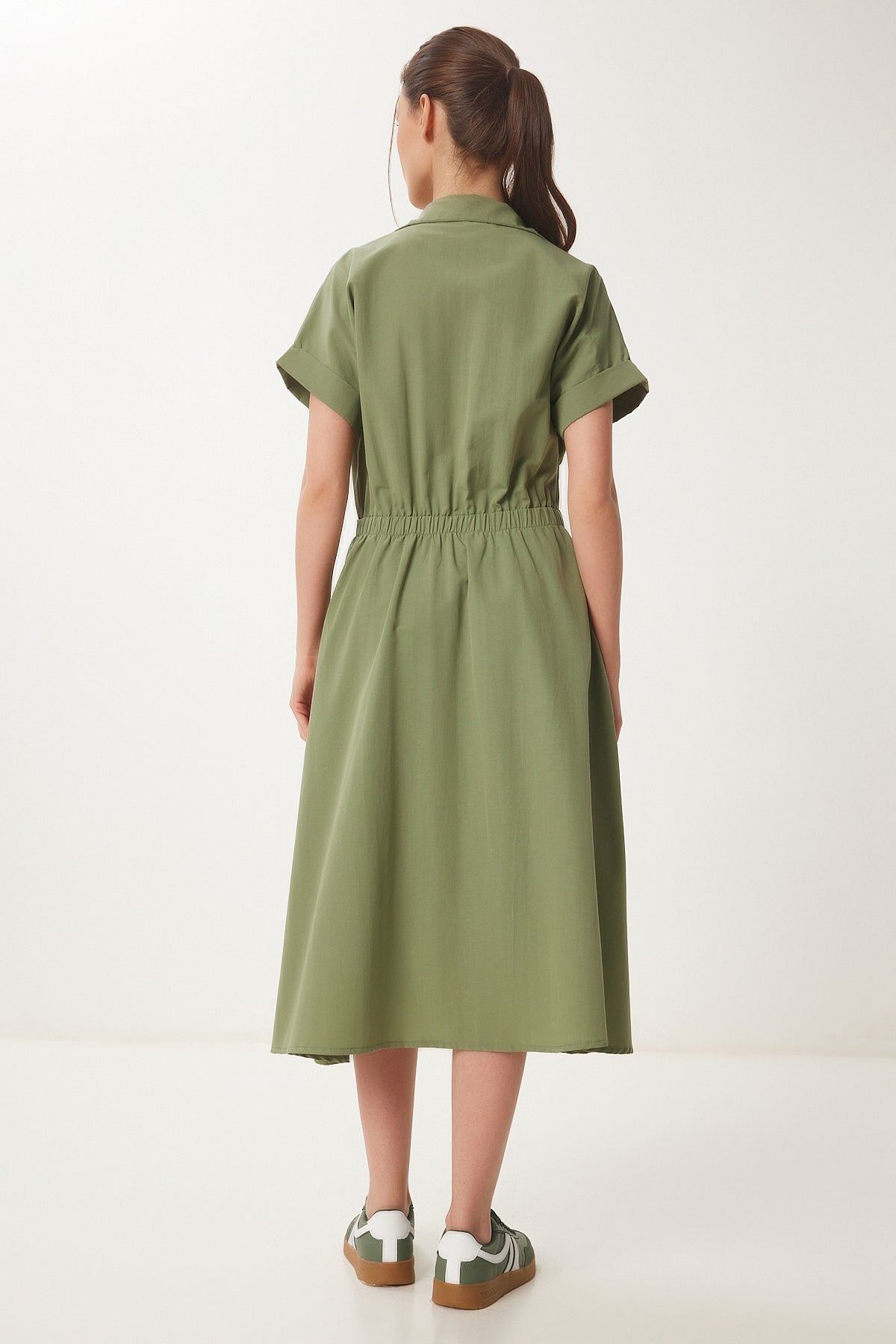 Haki Fermuarlı Midi Poplin Elbise UB00375
