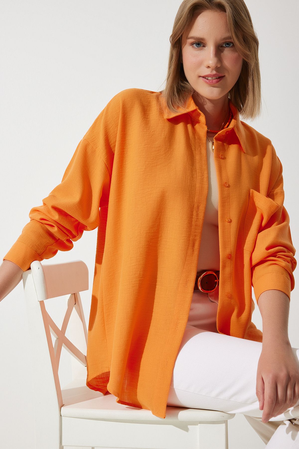 Oranj Oversize Keten Ayrobin Gömlek DD01222