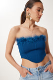 Lacivert Tüy Detaylı Esnek Crop Büstiyer NS00428