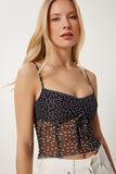 Siyah Puantiyeli Askılı Crop Tül Bluz UB00392
