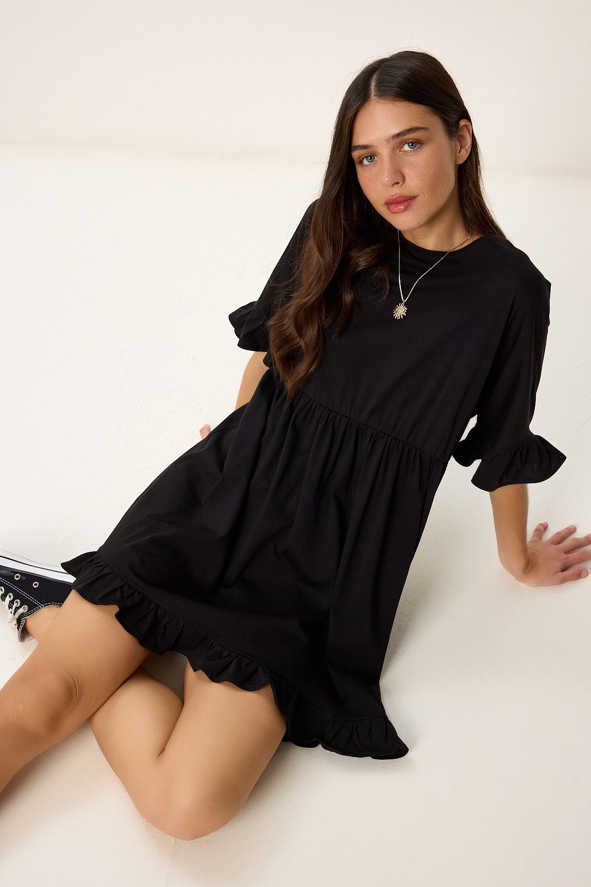 Siyah Volanlı Yazlık Örme Elbise RC00159