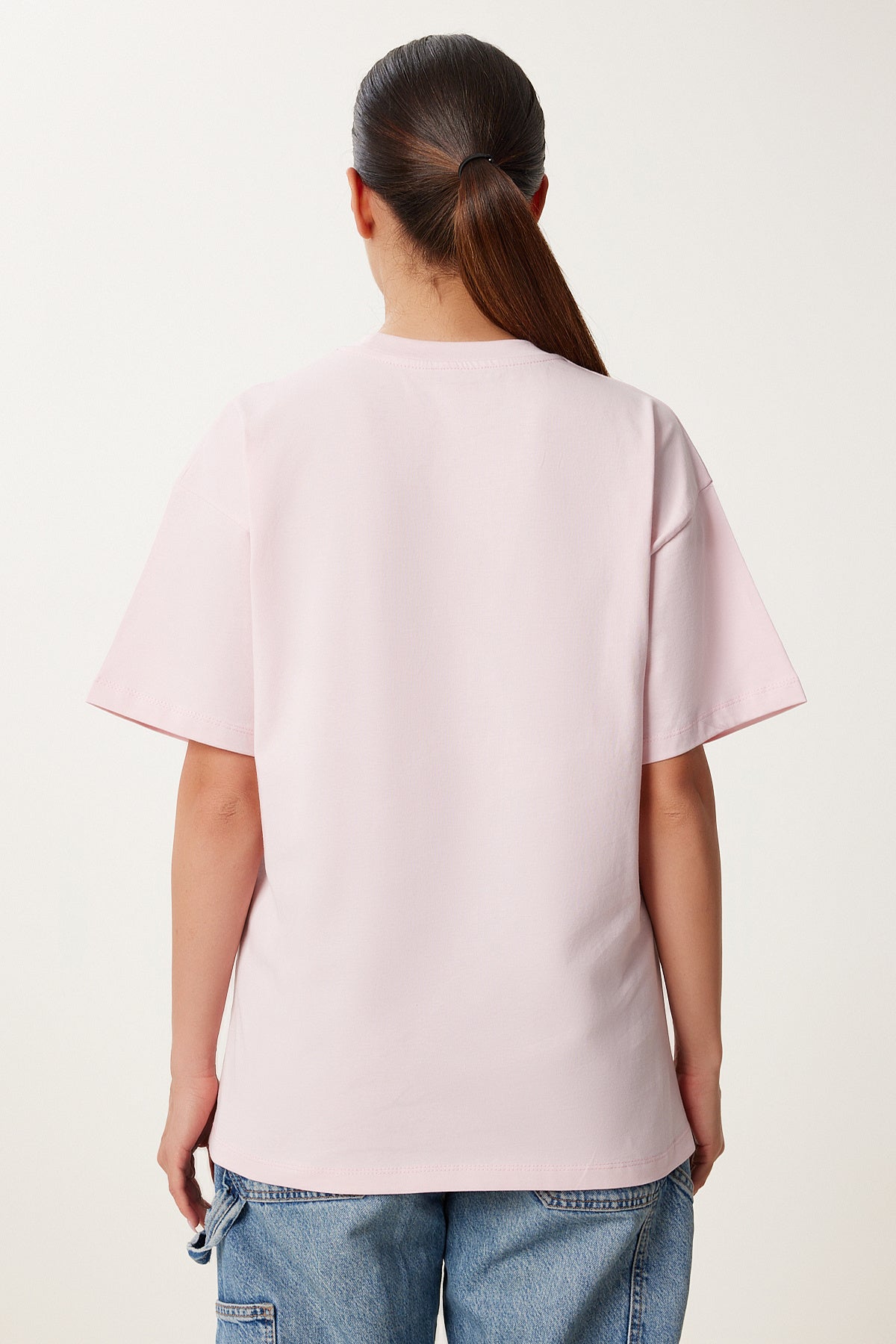 Açık Pembe Baskılı Oversize Pamuklu Örme T-Shirt CR00508