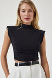 Siyah Dik Yaka Büzgülü Crop Örme Bluz CI00101