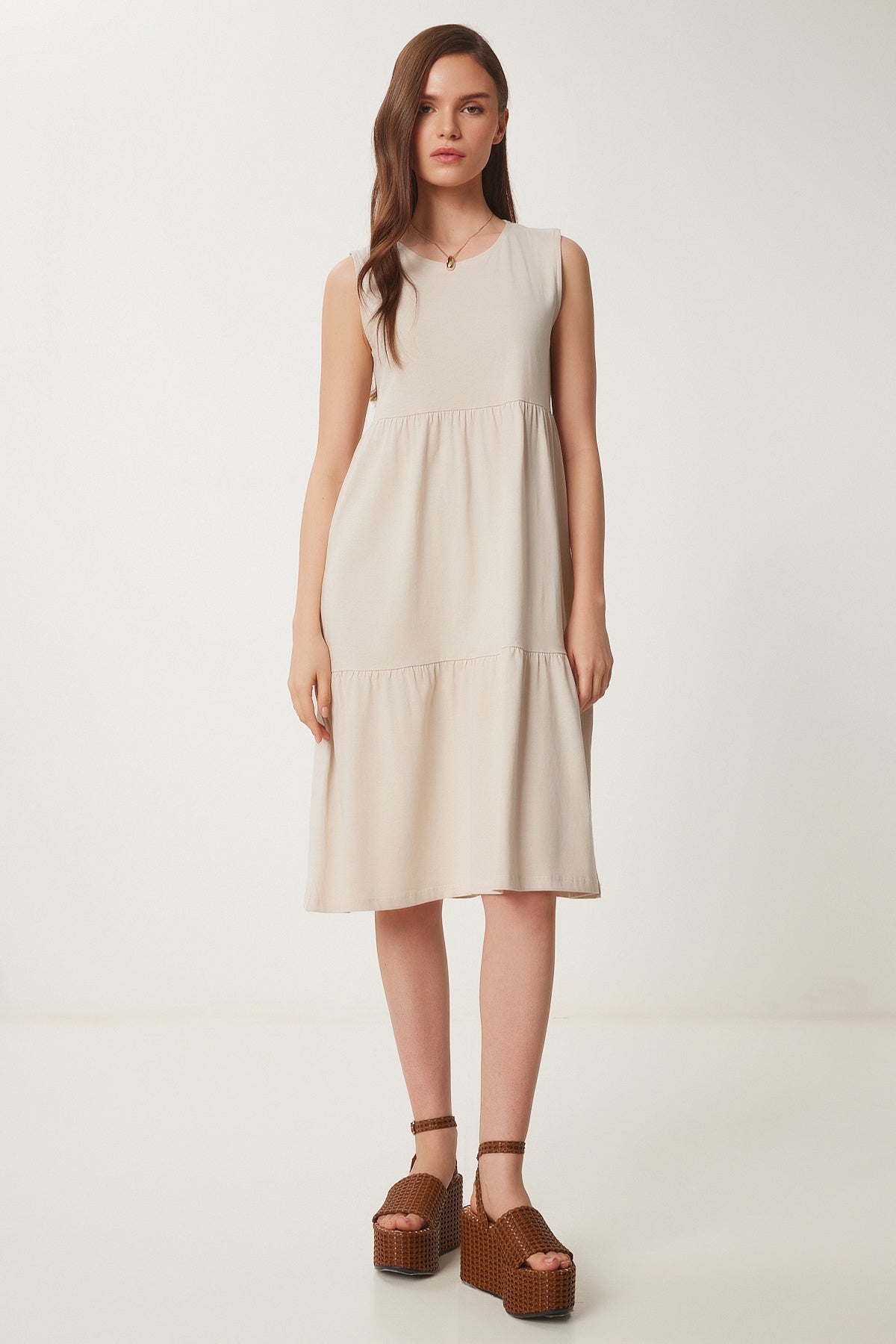 Krem Kolsuz Basic Yazlık Örme Elbise CR00479