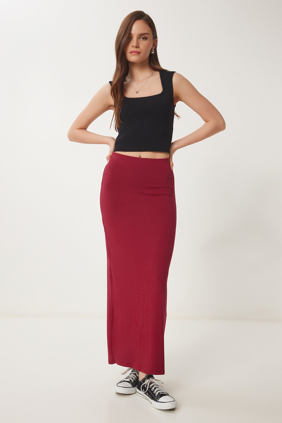Bordo Yırtmaçlı Midi Örme Etek UB00366