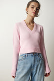 Açık Pembe V Yaka Crop Triko Kazak PF00040