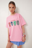 Pembe Oversize Baskılı Örme T-Shirt ZV00279