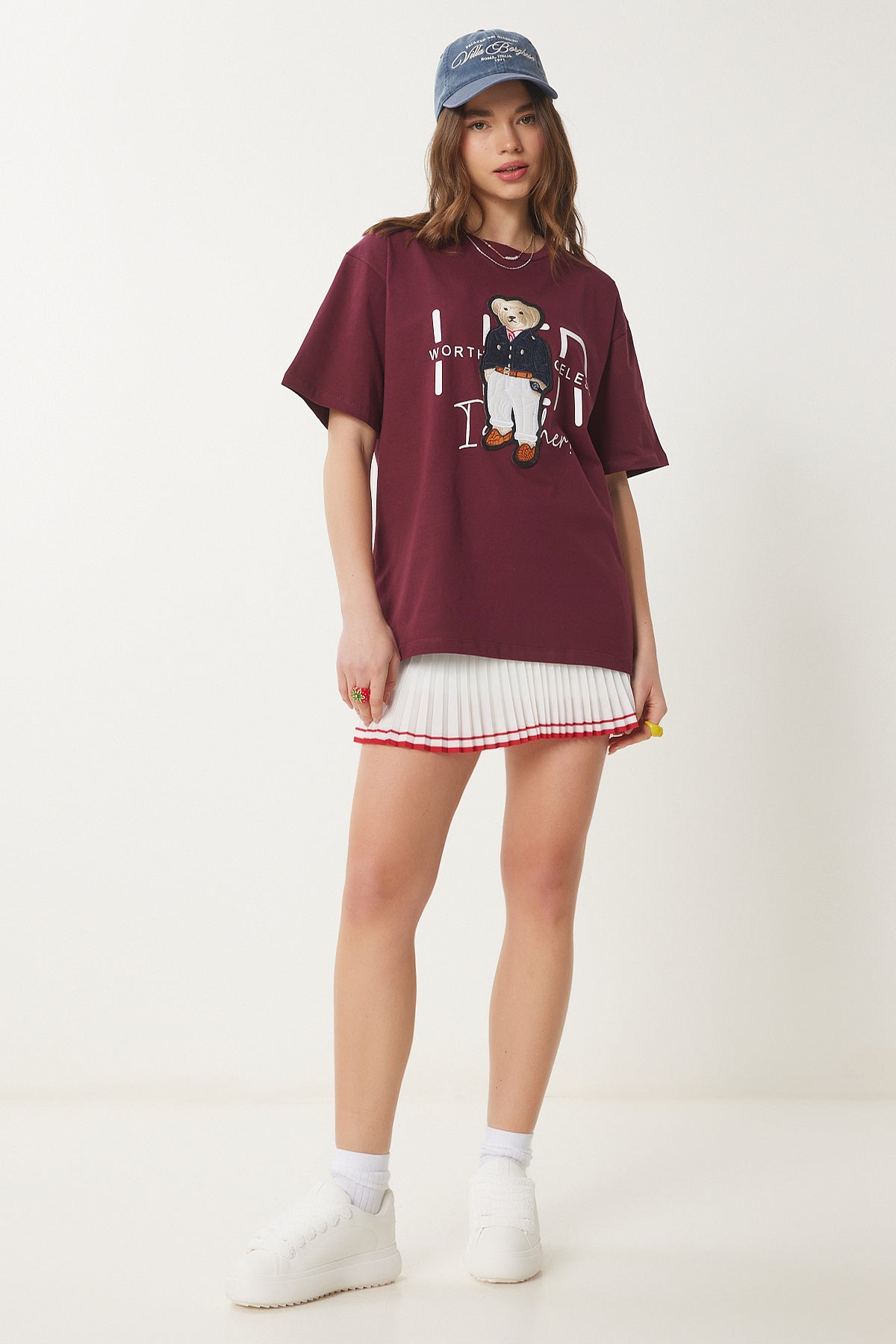 Bordo Ayıcık Armalı Pamuklu Oversize Örme T-Shirt CR00452