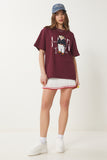 Bordo Ayıcık Armalı Pamuklu Oversize Örme T-Shirt CR00452