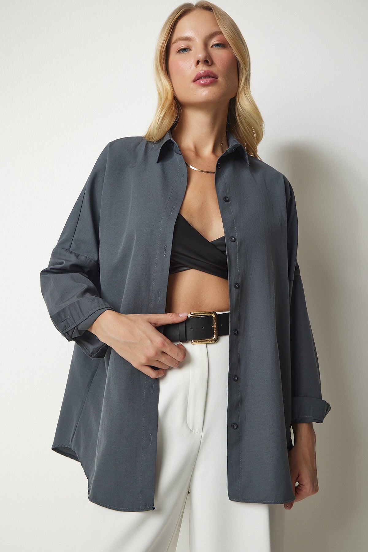 Füme Oversize Uzun Basic Gömlek  DD00842