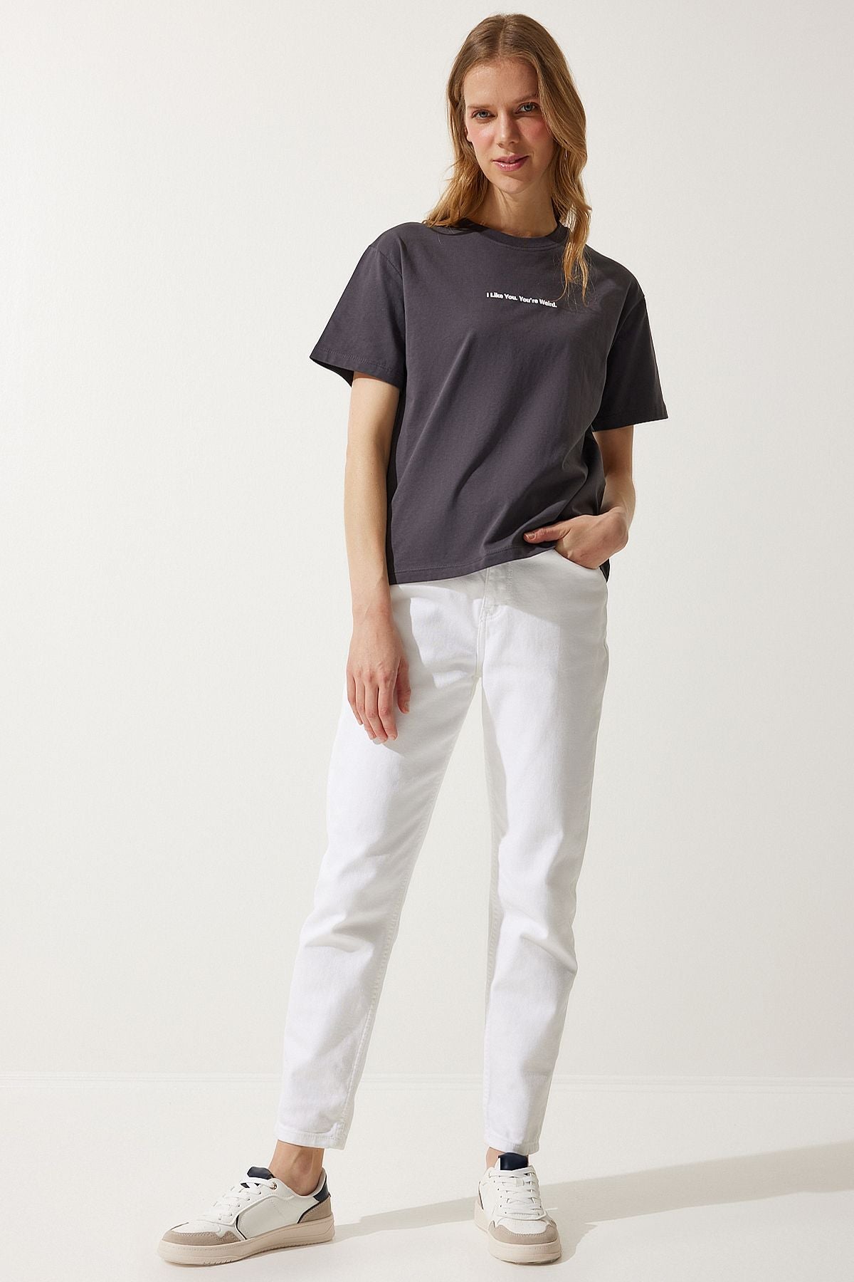 Antrasit Baskılı Basic Örme T-Shirt NJ00141