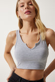Gri Askılı Crop Örme Bluz OW00030