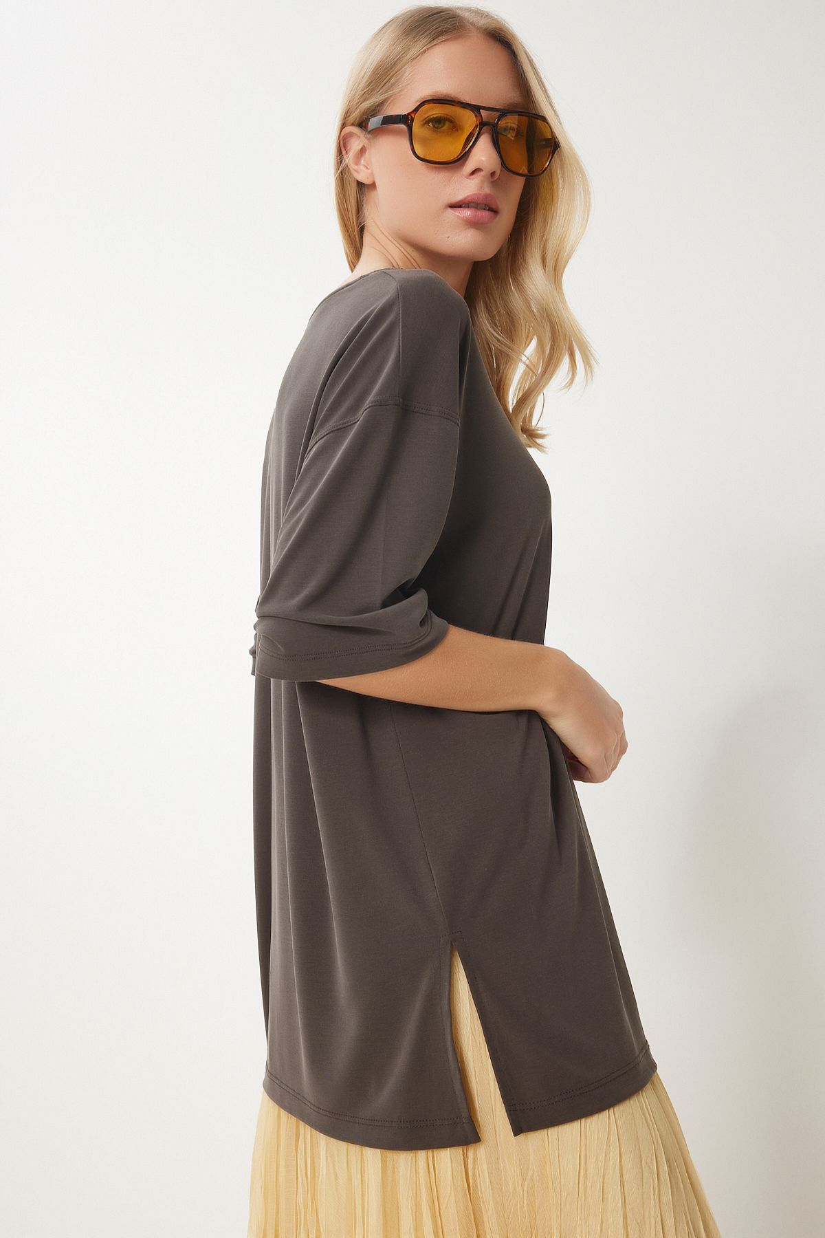 Kahverengi Oversize Basic Modal T-shirt UB00323