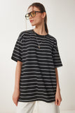 Siyah Çizgili Oversize Örme T-Shirt ZV00285