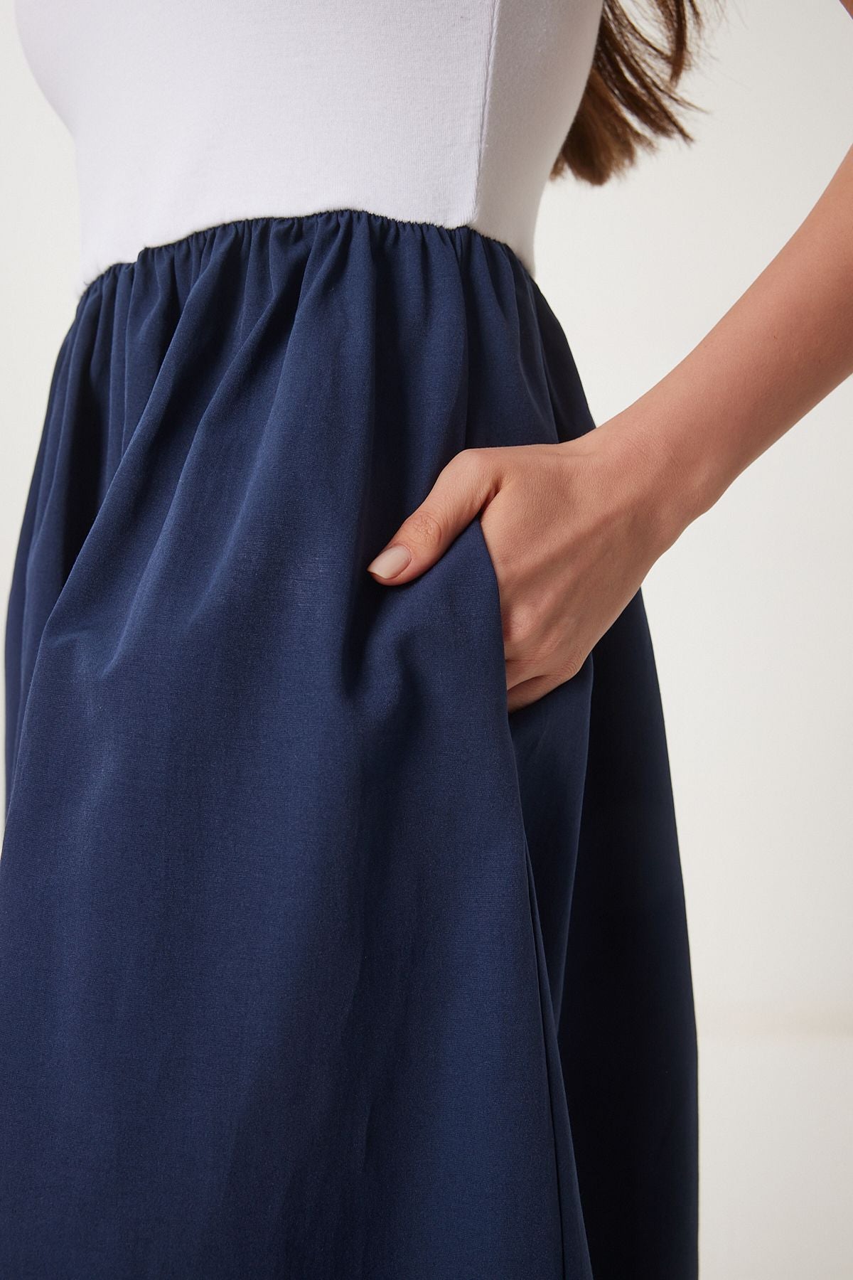 Lacivert Beyaz Örme Üstlü Yazlık Poplin Evaze Elbise UB00289