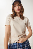 Krem Ayıcık İşlemeli Pamuklu Örme T-Shirt CR00455