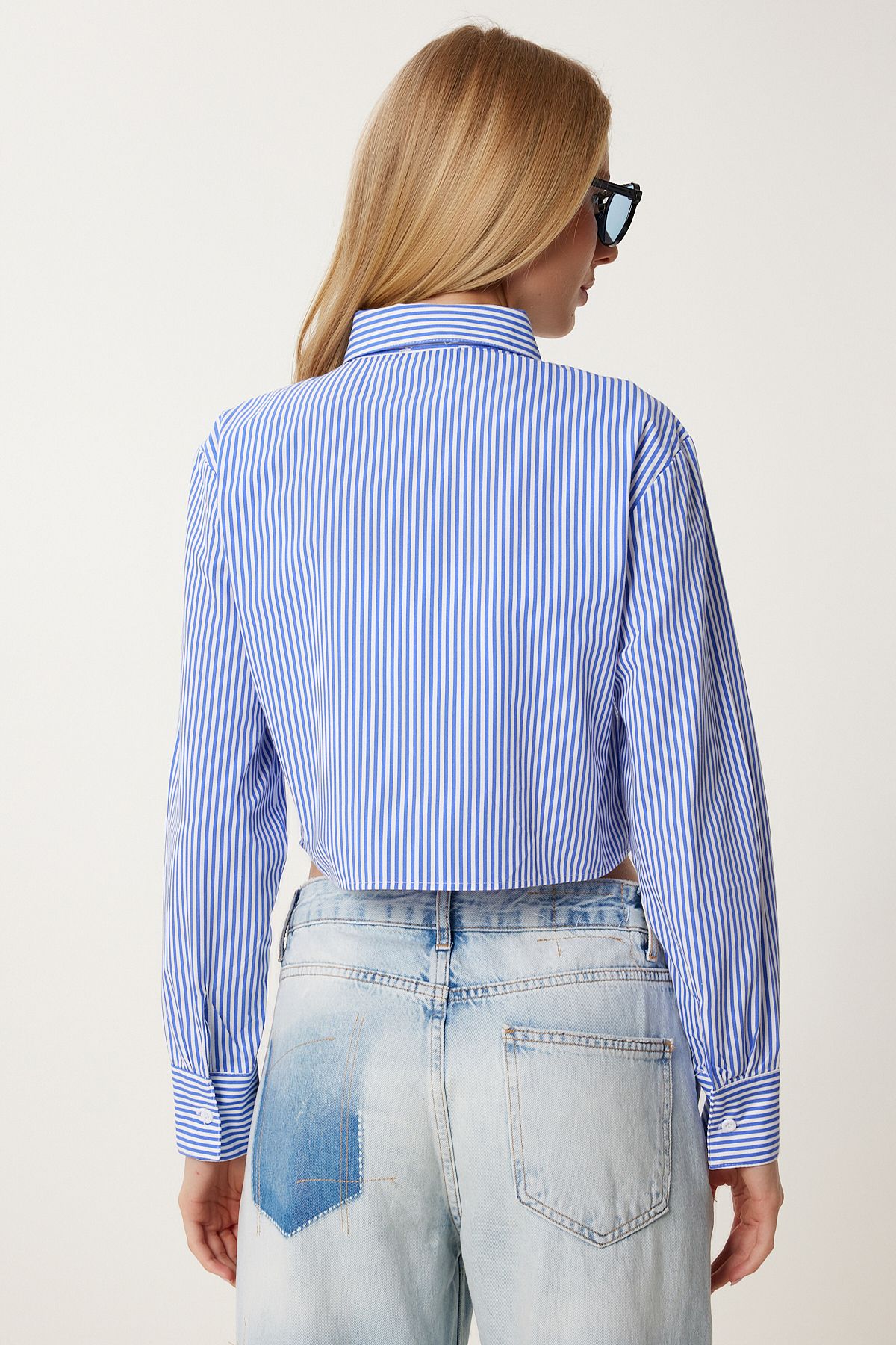 Mavi Çizgili Poplin Crop Gömlek CR00499