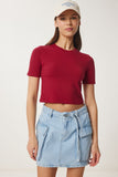 Bordo Bisiklet Yaka Crop T-Shirt UB00064