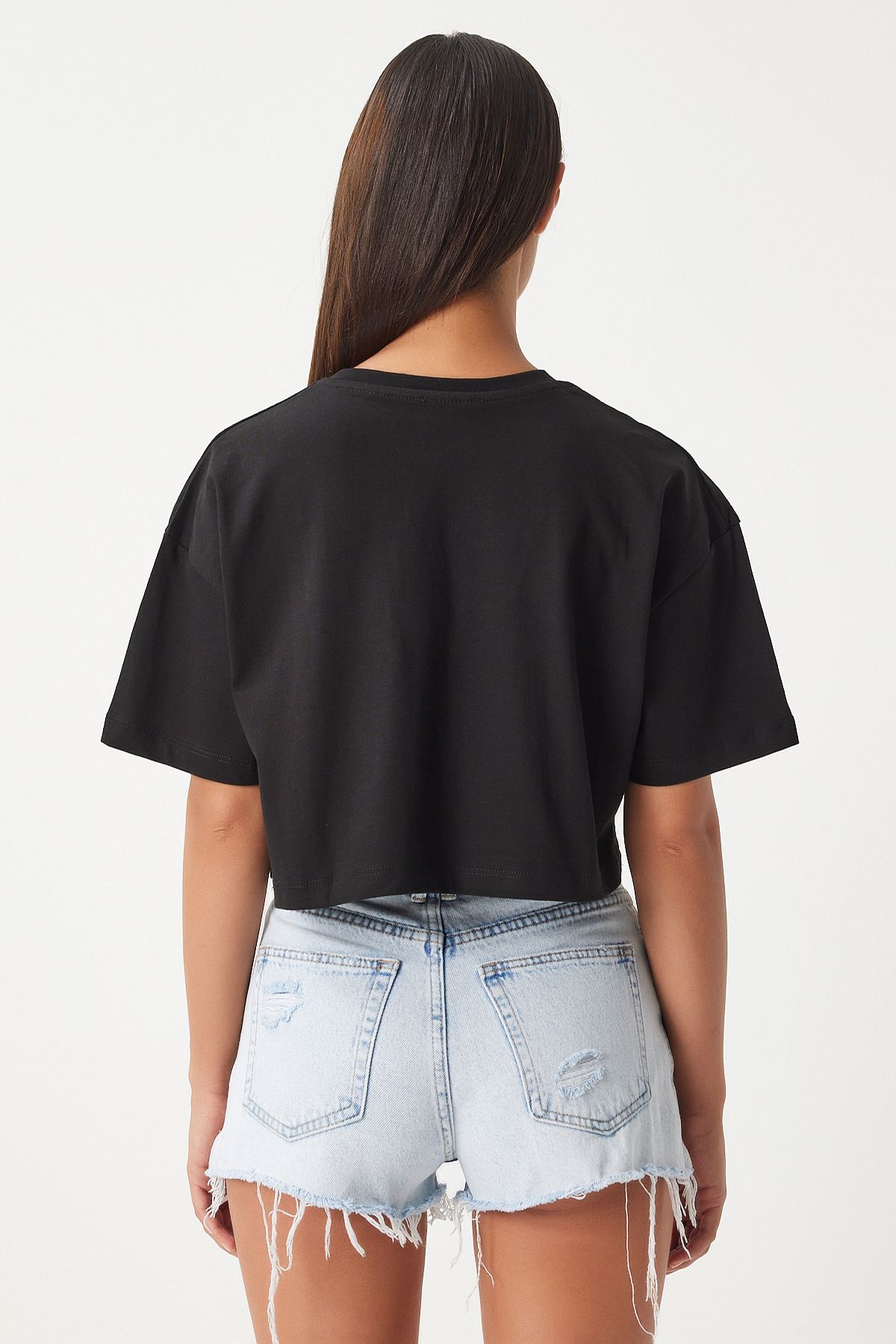 Siyah %100 Pamuk Oversize Crop Örme T-Shirt BP00164