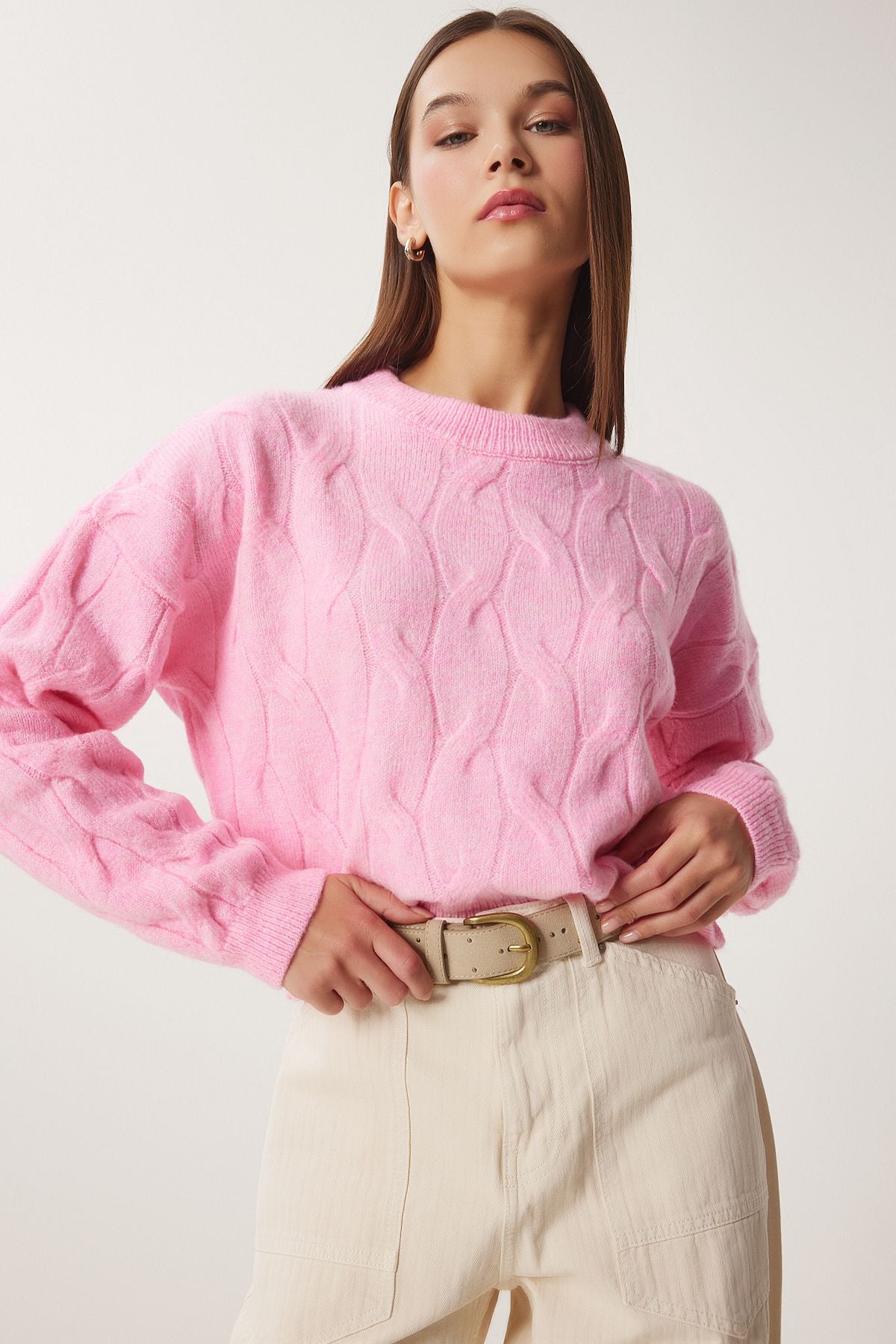 Pembe Dokulu Crop Triko Kazak MX00170
