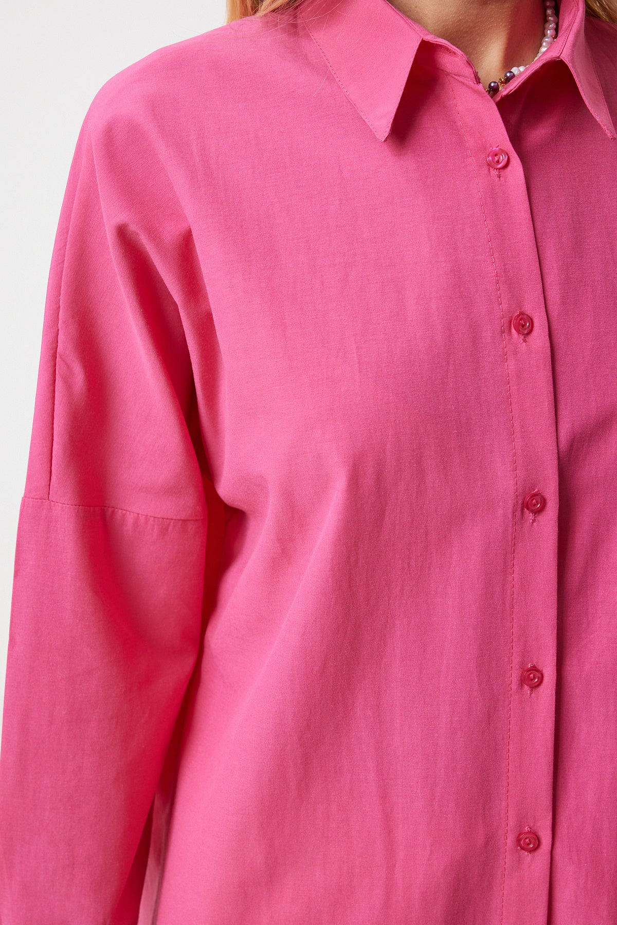 Koyu Pembe Oversize Uzun Basic Gömlek  DD00842