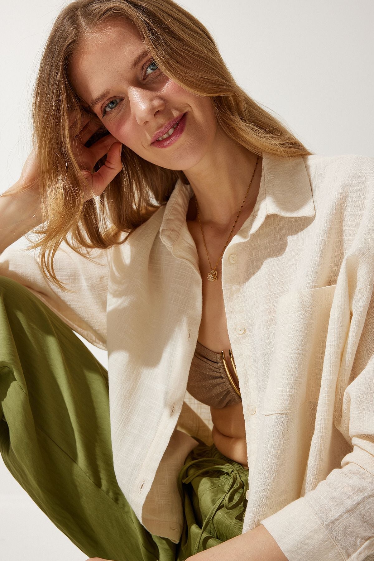 Krem Cepli Oversize Keten Gömlek MX00152