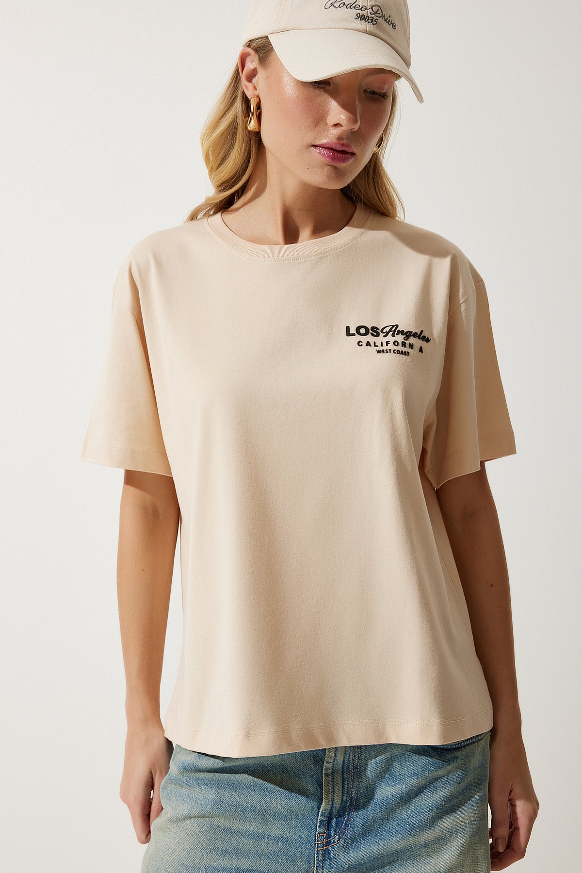 Krem Bisiklet Yaka Baskılı Örme T-Shirt NJ00137