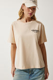 Krem Bisiklet Yaka Baskılı Örme T-Shirt NJ00137