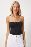Siyah Gül Detaylı Straplez Crop Triko Bluz  FN03368