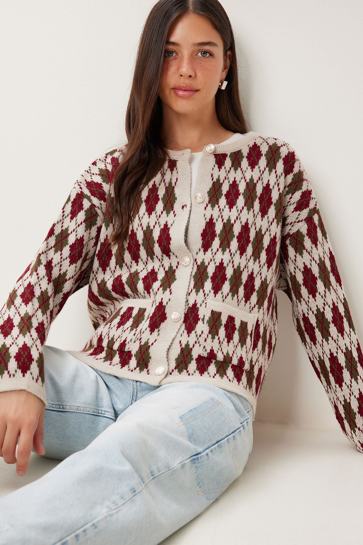 Taş Bordo Baklava Desenli Triko Hırka Kİ00136