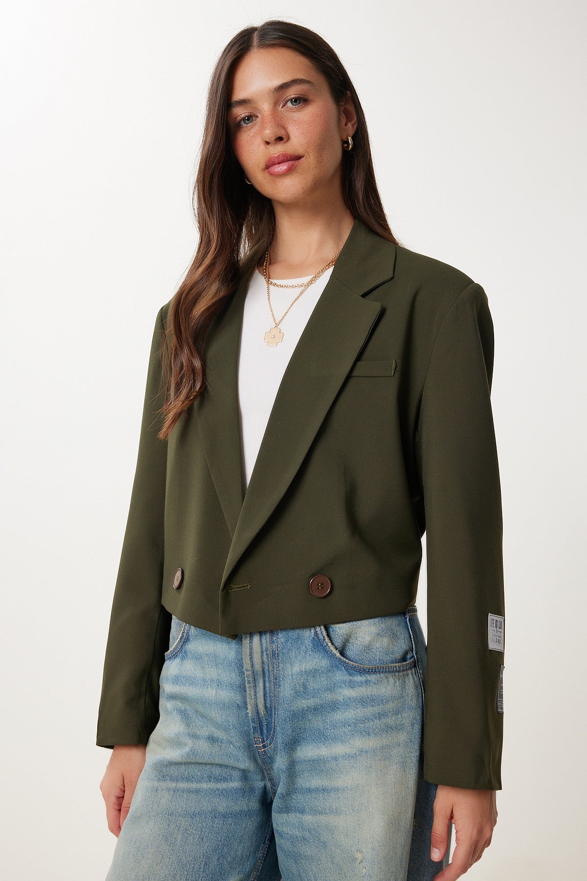 Haki Vatkalı Crop Dokuma Ceket RG00077