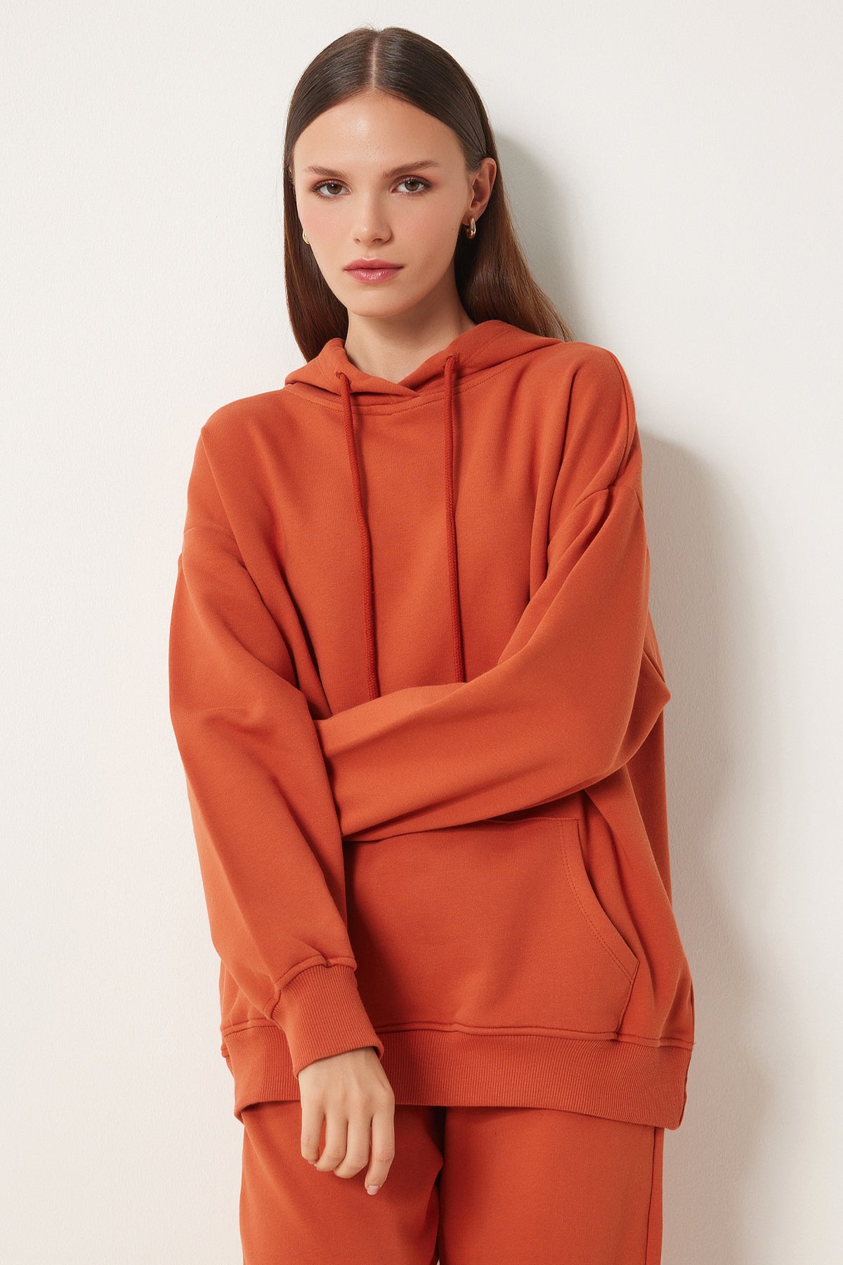 Kiremit Kapüşonlu Sweatshirt Jogger Oversize Örme Eşofman Takımı PYS0027