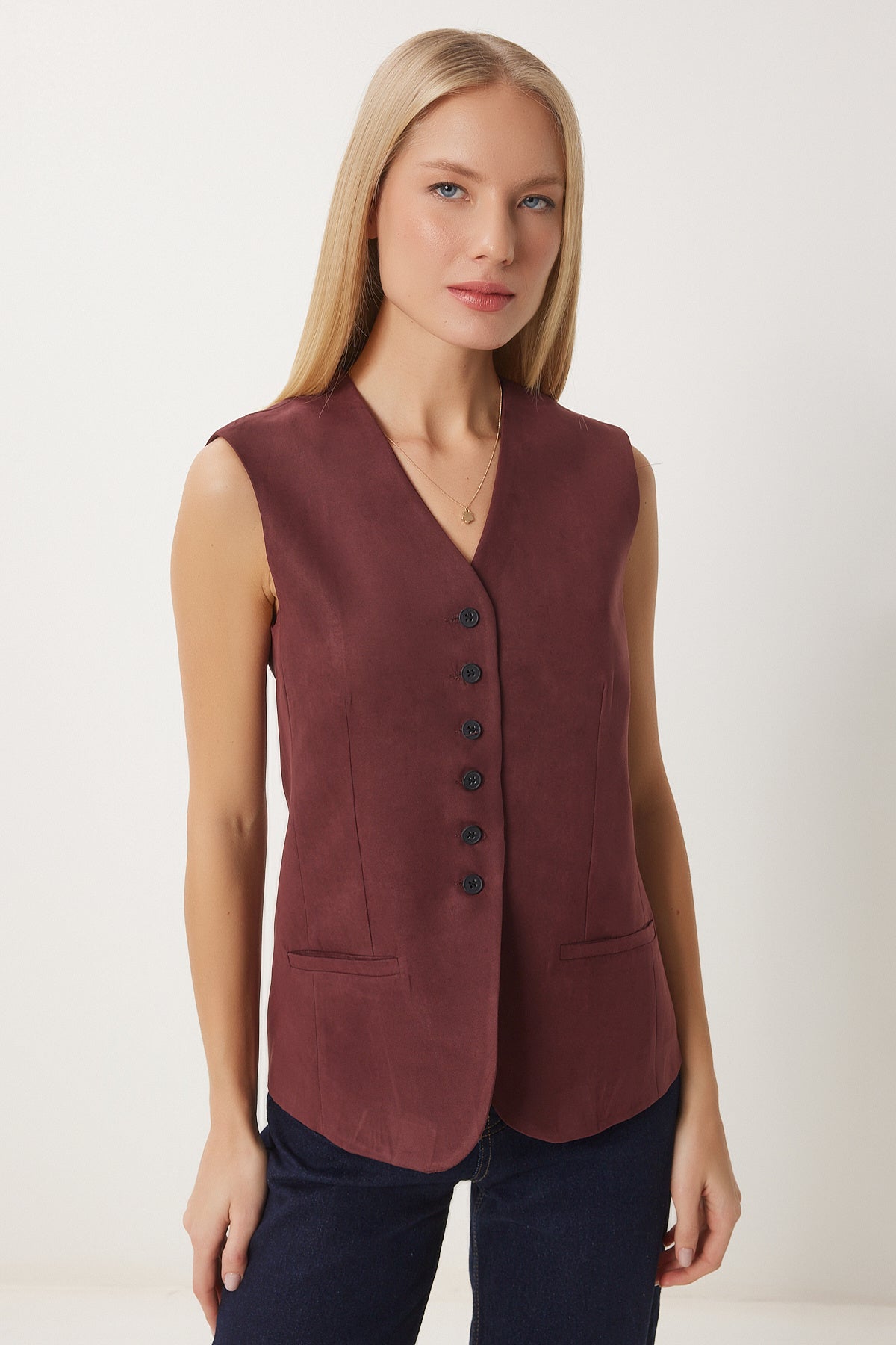 Bordo V Yaka Nubuk Yelek FN03387