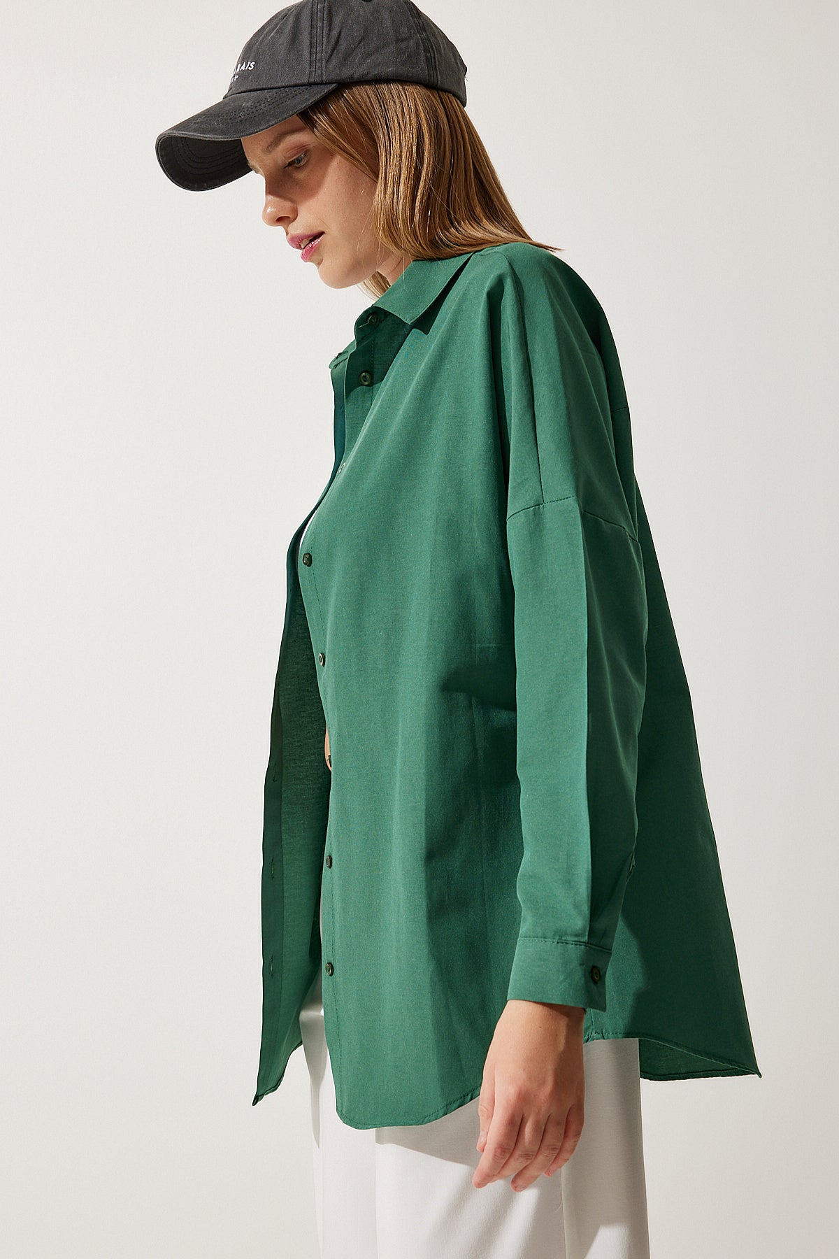 Zümrüt Yeşili Oversize Uzun Basic Gömlek 3900 DD00842