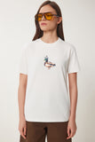 Ekru Taş Detaylı Armalı Pamuklu Örme T-Shirt CR00521