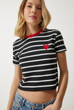 Siyah Kalp Nakışlı Çizgili Pamuklu Örme T-Shirt CR00432