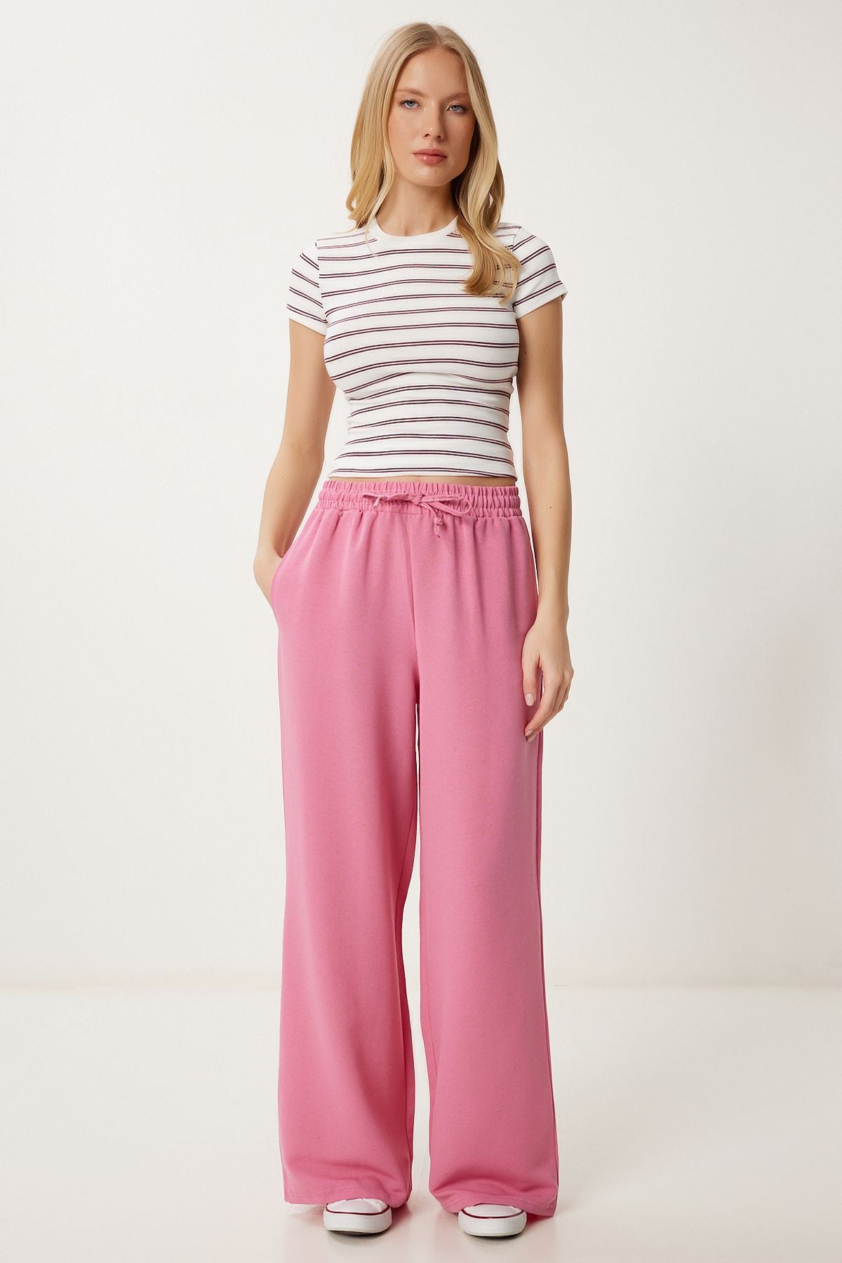 Pembe Geniş Paça Keten Pantolon DP00261
