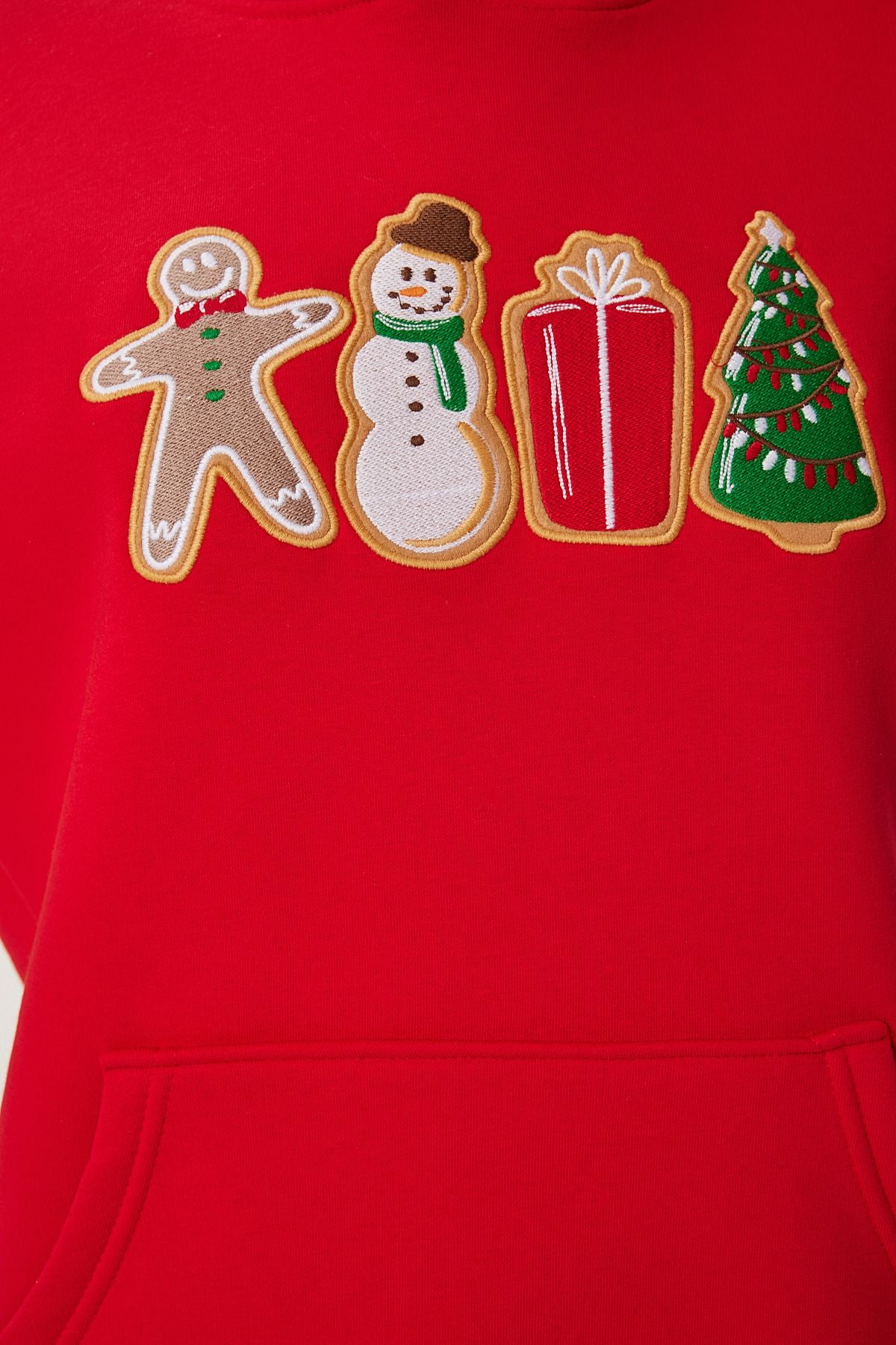 Kırmızı Yılbaşı Temalı Kapüşonlu Şardonlu Örme Sweatshirt TQ00001