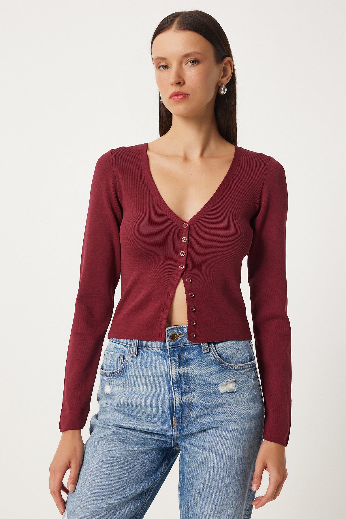 Bordo V Yaka Triko Hırka  FN03356