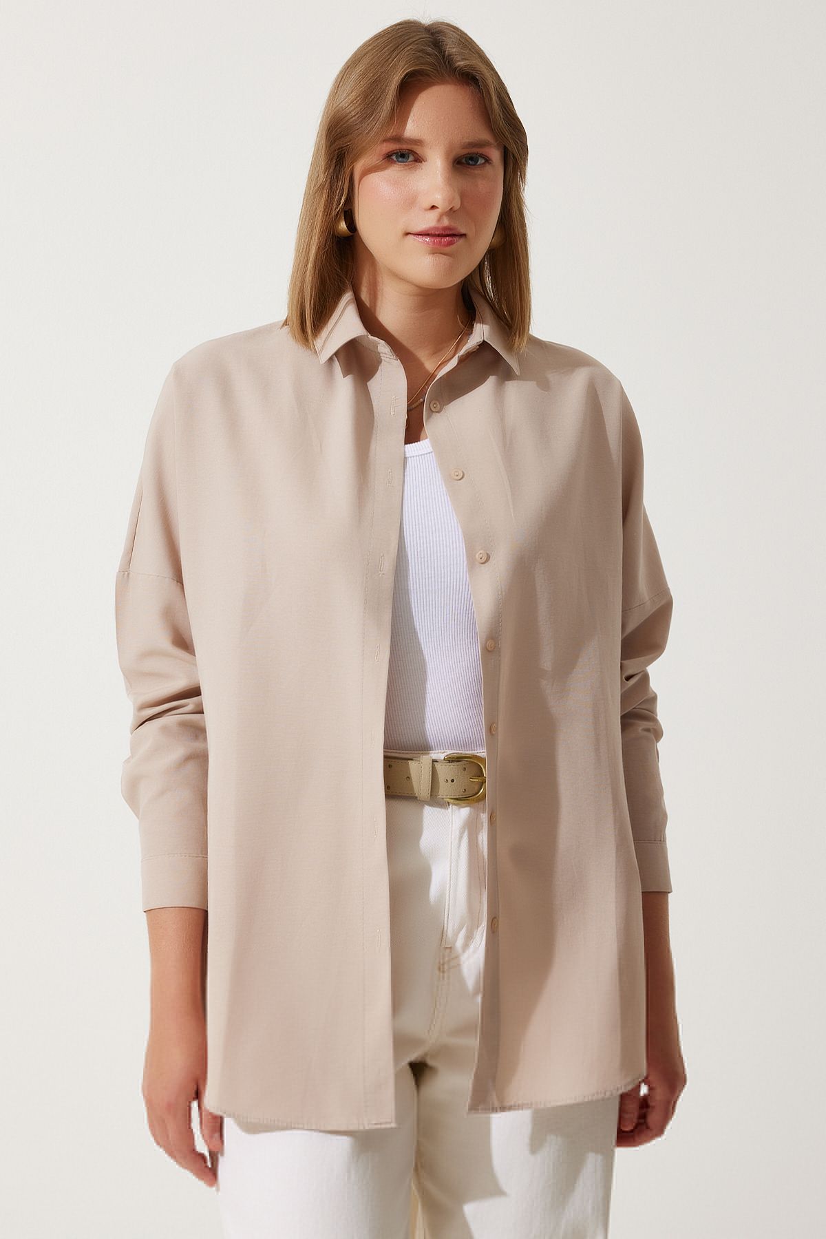 Bisküvi Oversize Uzun Basic Gömlek  DD00842