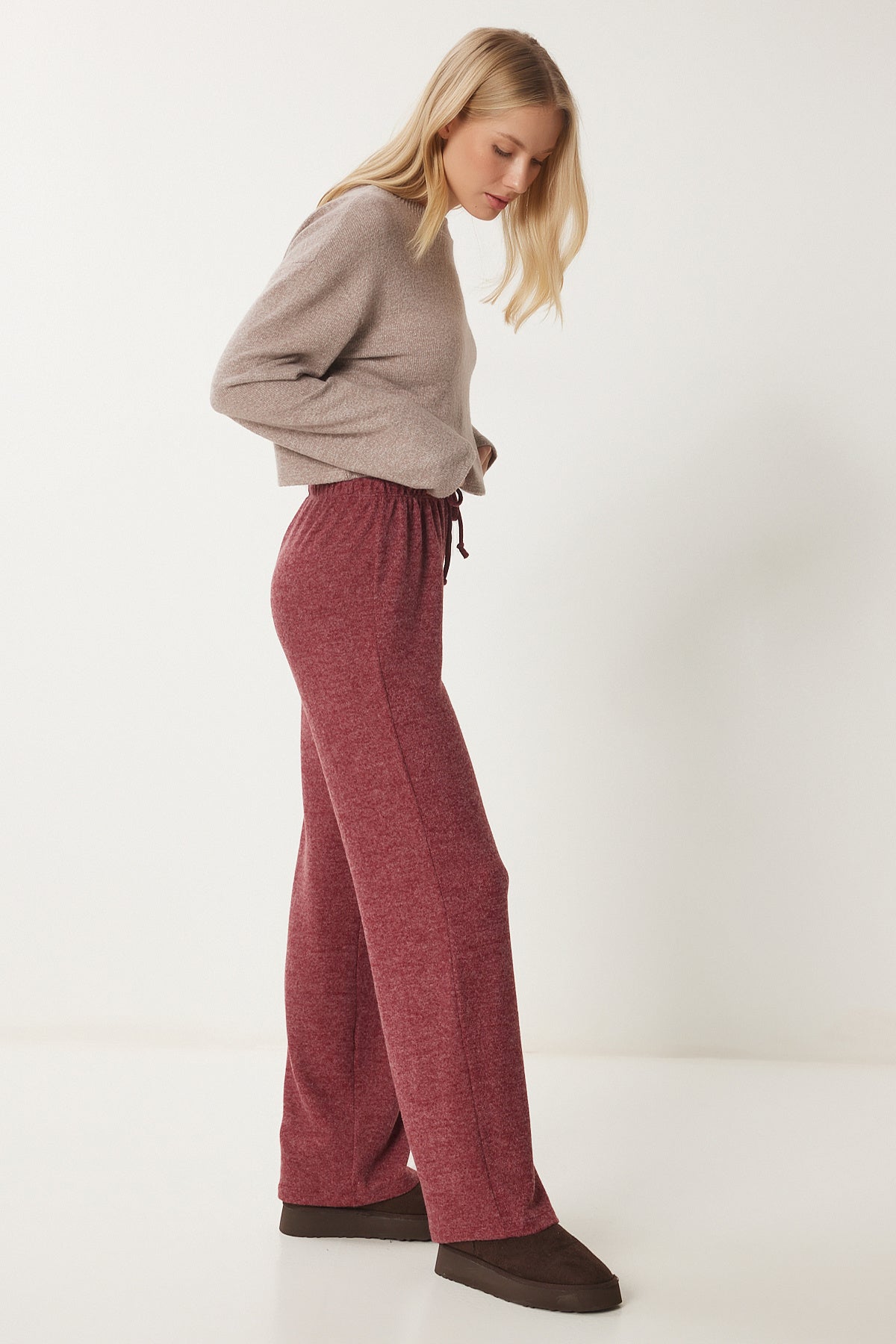Bordo Yumoş Bol Örme Pantolon UB00295
