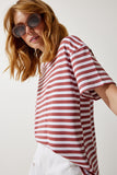 Gül Kurusu Bisiklet Yaka Çizgili Oversize Örme T-Shirt EN00609